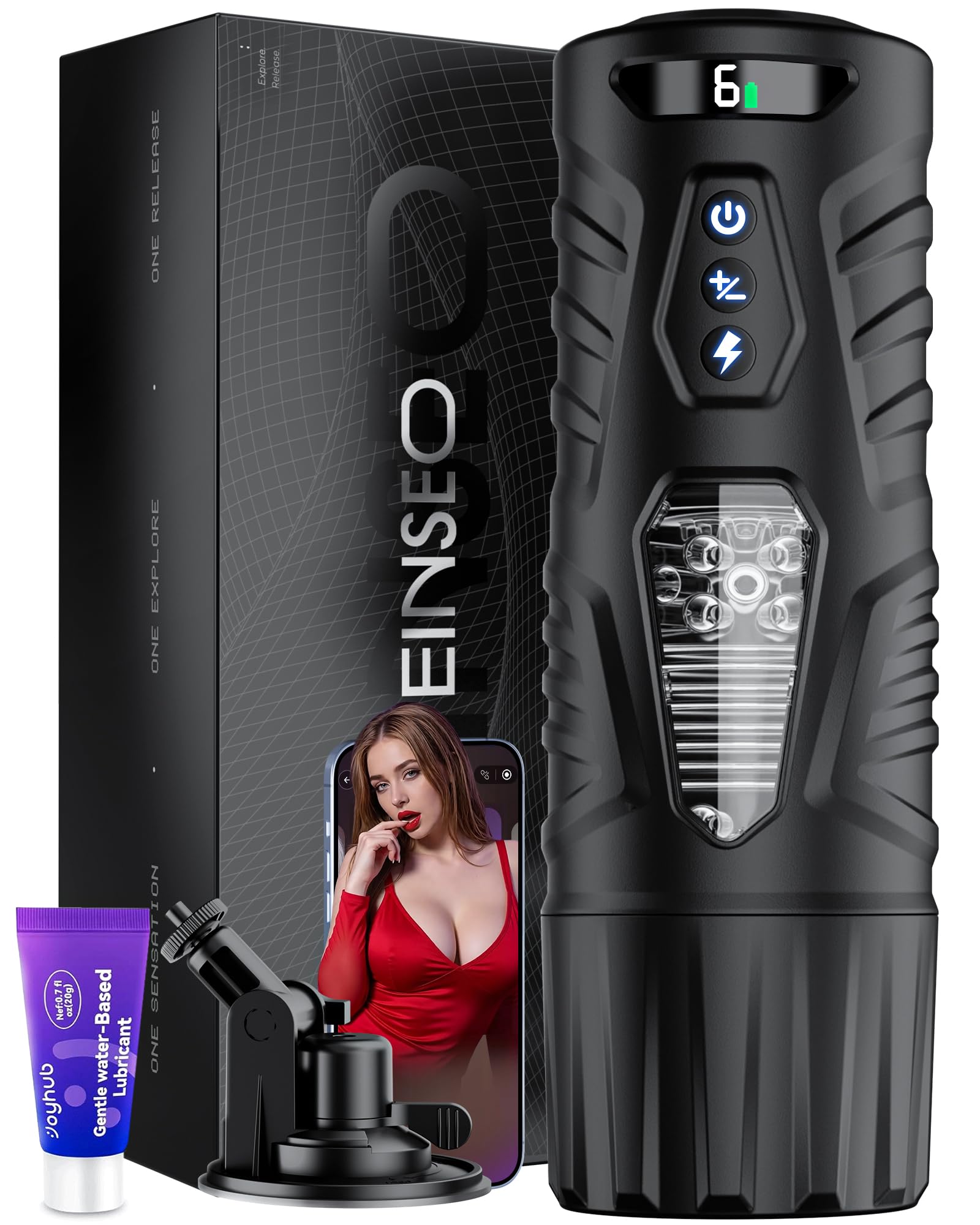 EINSEO AI Sync Male Masturbator Sex Toys for Men - Adult Toy Male Sex Toys with 7 Thrusting & 7 Rotating Modes, Pocket Pussy Hands Free Sex Machine LCD Display with Visual Window & Mounting Base: Black