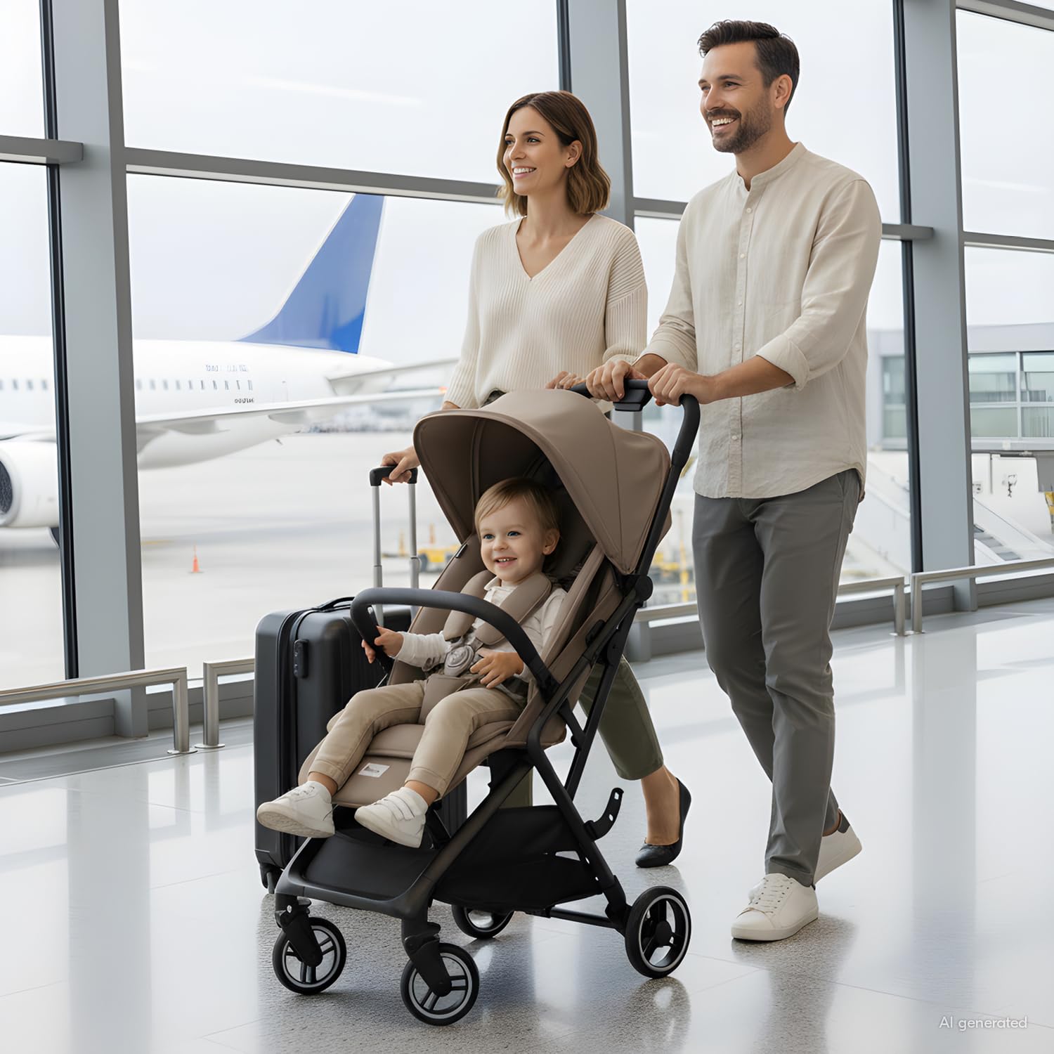hauck All-in-One Reisebuggy Set, Flugzeug Handgepäck, Fly N Care Mocha | Einhändig klappbar mit Tragetasche, Tragegurt, Sitzauflage, UV-Schutz 50+, XL Netzfenster, Liegeposition ab Geburt bis 22 kg