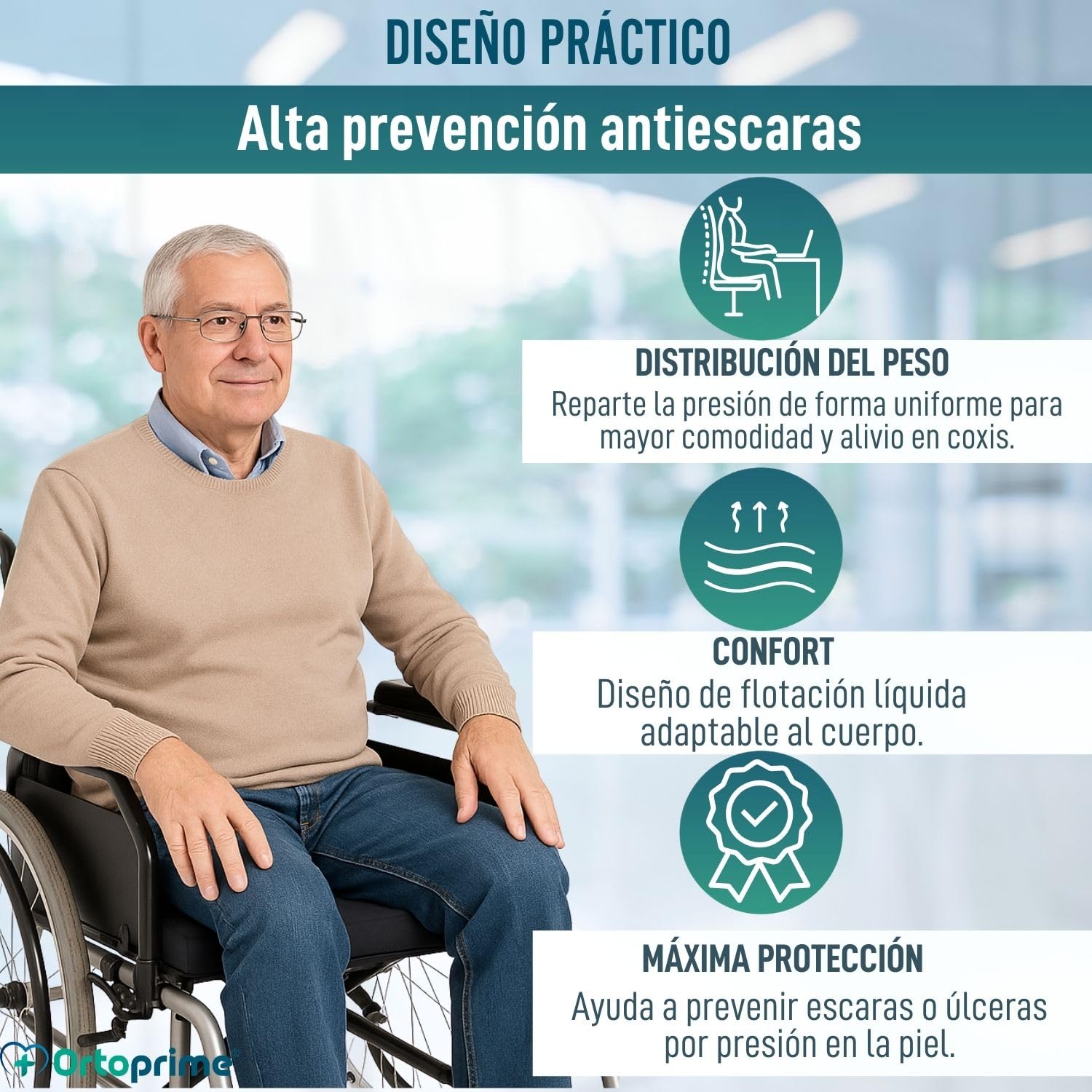 OrtoPrime Cojín Antiescaras Cuadrado FLOTACIÓN Líquida - Cojines Antiescaras Ortopédicos Coxis Alivio - Cojín Antiescaras para Silla Ruedas y Sillón - Cojín Ortopédico Úlceras PRESIÓN (Cuadrado)
