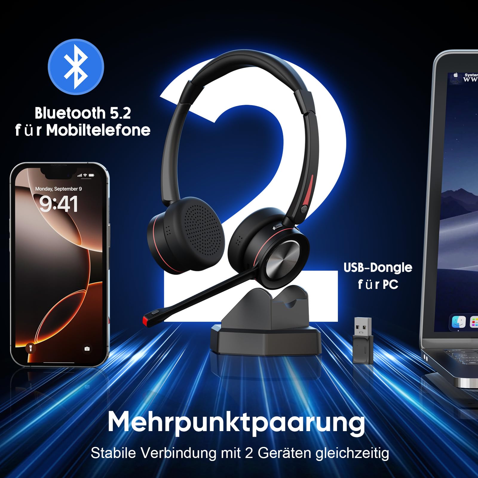 Bluetooth Headset mit Mikrofon Noise Canceling, Wireless Headset mit Ladestation & USB Dongle, Stummschaltung, 40 Stunden Anrufe, Kabellose PC Kopfhörer für Callcenter, Büro, Zoom, Teams