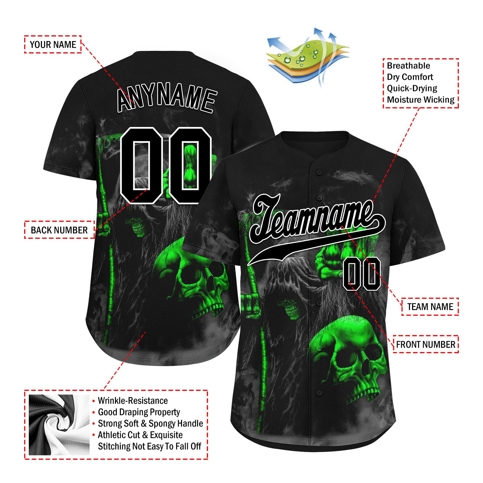Custom Skull Gothic Baseball Jersey for Men/Kids- Print/Stitched Personalized Name Number Sports Uniform Punk Rock Streetwear
