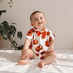 Newborn Baby Halloween Pumpkin Romper Boys Girls Button Down Bowknot Shirt Short Sleeve Jumpsuit Birthday Bodysuit