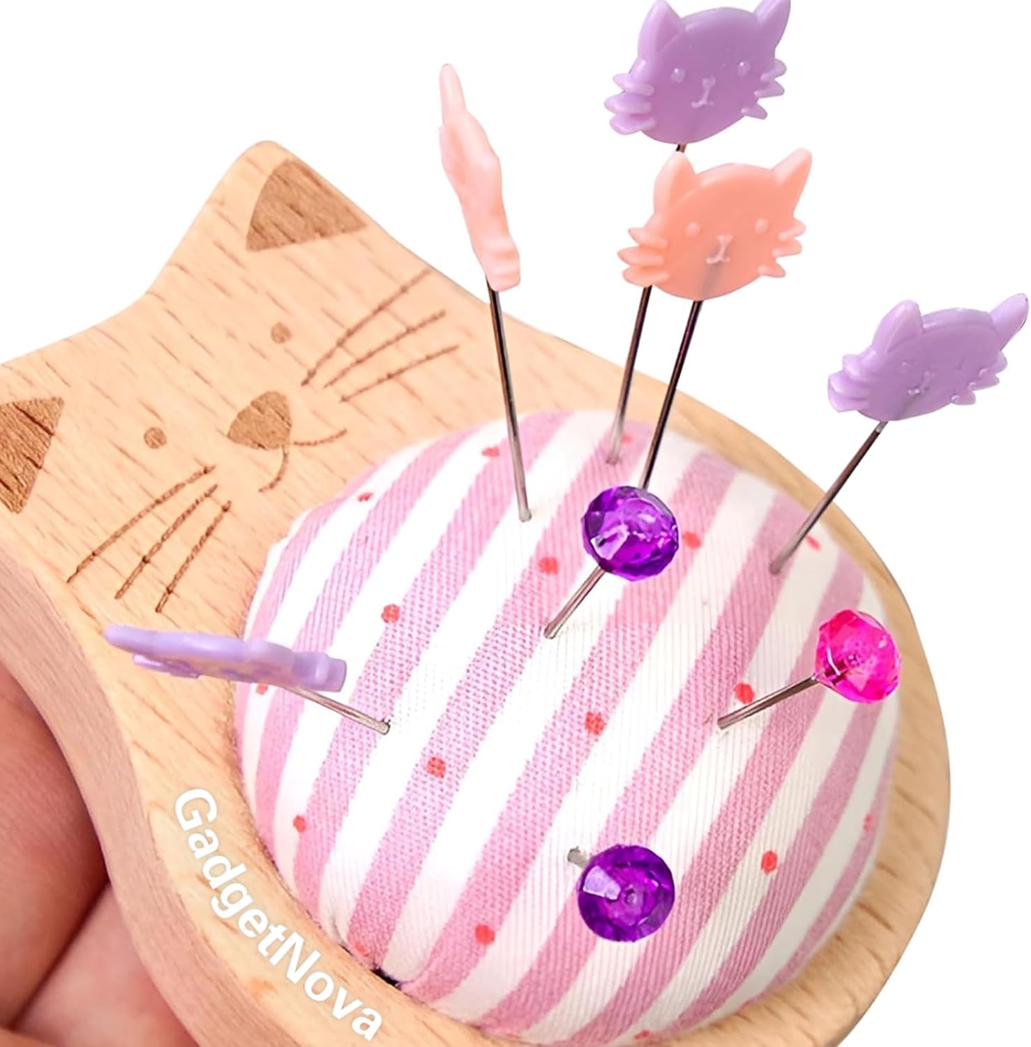 Cute Cat Pin Cushion Kit–Adorable Pincushion with 80 Craft Positioning Pins,Wooden Base Pin Cushions for Sewing Quilting and Needlepoint DIY Projects