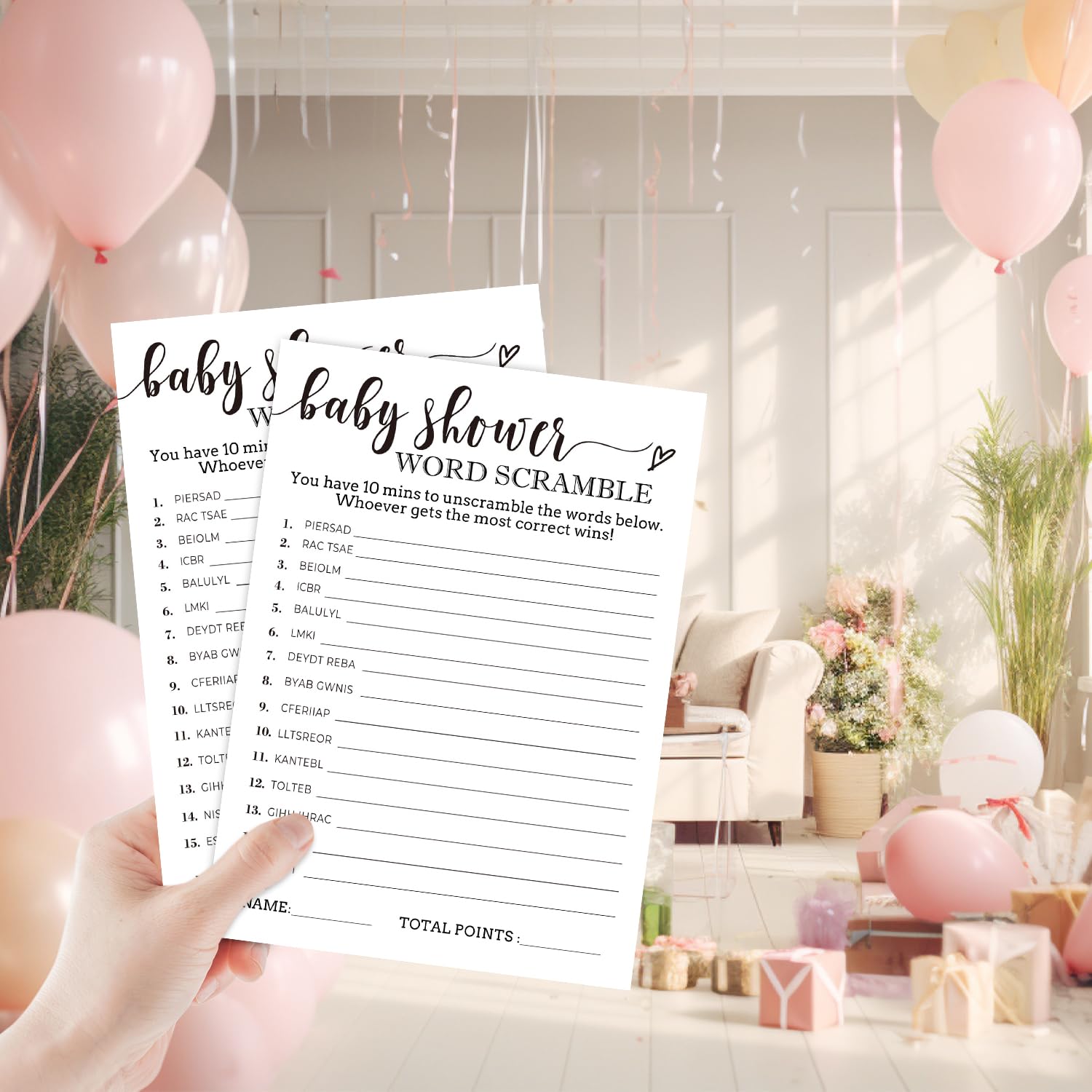 Baby Shower Game Cards - Minimalist Black & White Baby Word Scramble, 30 Cards + Answer Sheet, Gender Neutral Party Fun - View #6