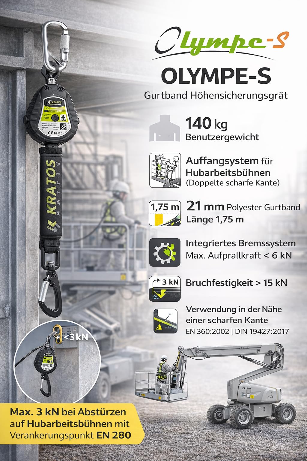 Kratos Safety Olympe-S Gurtband, Höhensicherungsgerät für Hubarbeitsbühnen, 1,75m mit Bandfalldämpfer und integriertem Bremssystem, EN360, PSA