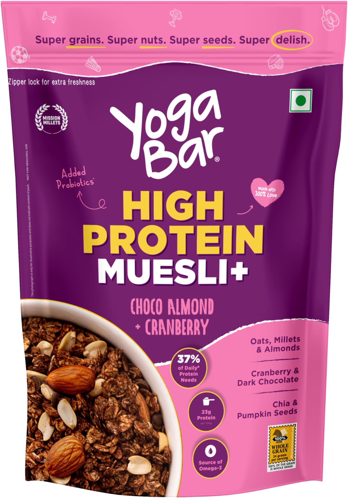 High Protein Muesli 850g | 23g per 100g Protein | Choco Almond & Cranberry | Easy on gut