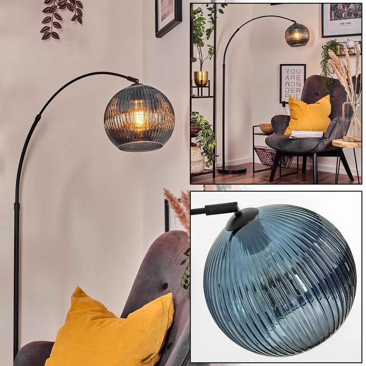 HOFSTEIN Lampadaire Koyoto, en métal/verre ondulé noir/bleu avec pied en marbre, lampe réglable au design rétro (abat-jour Ø 25 cm), interrupteur au pied, E27, salon, chambre à coucher, couloir