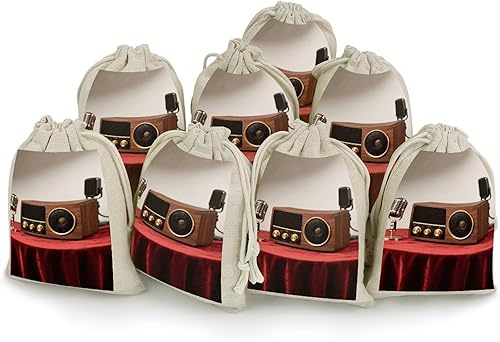 HETVBNS Cotton Linen Drawstring Bags (8-Pack) - 4.9x6.7 Inches Small Pouches Vintage Wood Radio Storage Bag for Cosmetics, Reusable Gift Bags for
