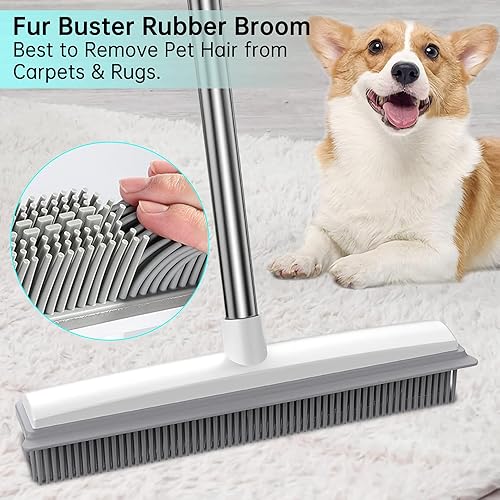 Miniatura 2 de Escoba de goma escoba de depilación de mascotas con escoba y mango largo ajustable rastrillo de alfombra removedor de piel escoba híbrida para