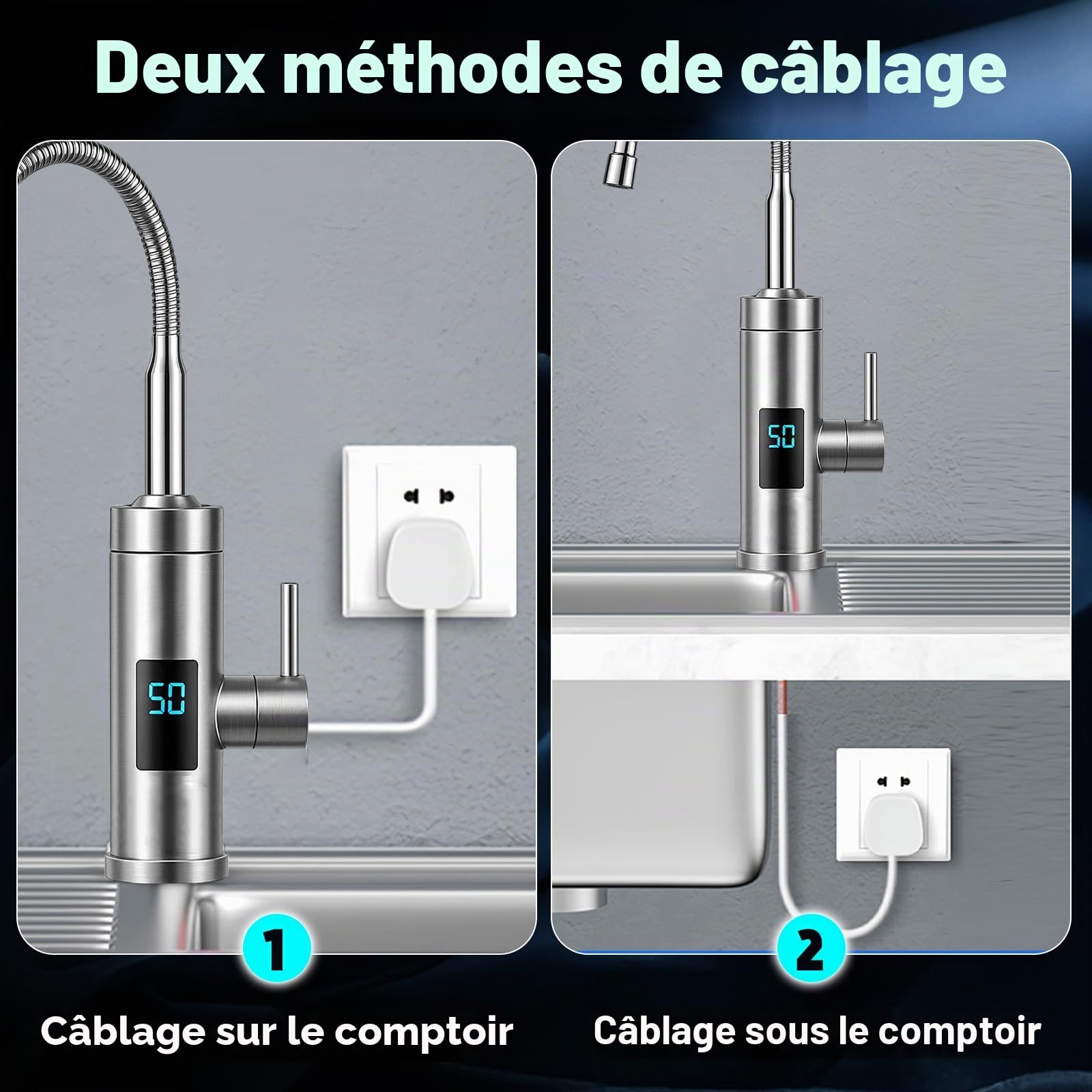 Robinet avec Chauffe-eau Instantané, 3000W Inoxydable Chauffe-eau Electrique, 360° Affichage de la Température LED, Chauffe-eau pour Cuisine et Salle de Bain pour Caravane de Jardin Potager, Max. 60℃