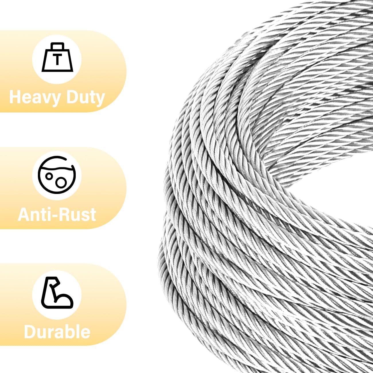 Cavo in acciaio da 1,27 cm, 3 m, 7 x 19 fili, con passanti, resistenza alla rottura di 10.432 kg, resistente cavo metallico con morsetti e ditali per Zipline, industriale, rimorchio, cavo per