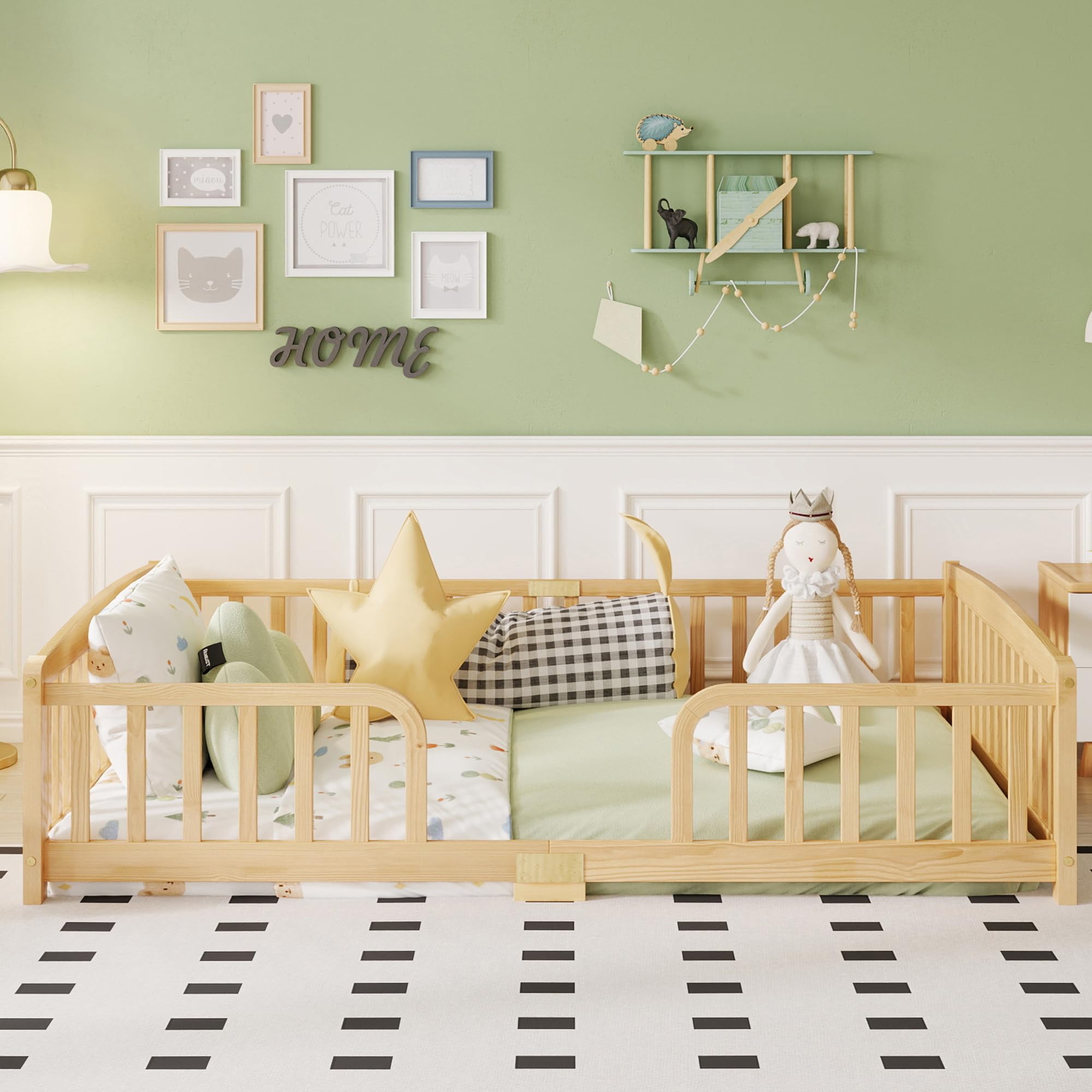 Cama Infantil Montessori 140x200 cm con Barrera, Color Natural