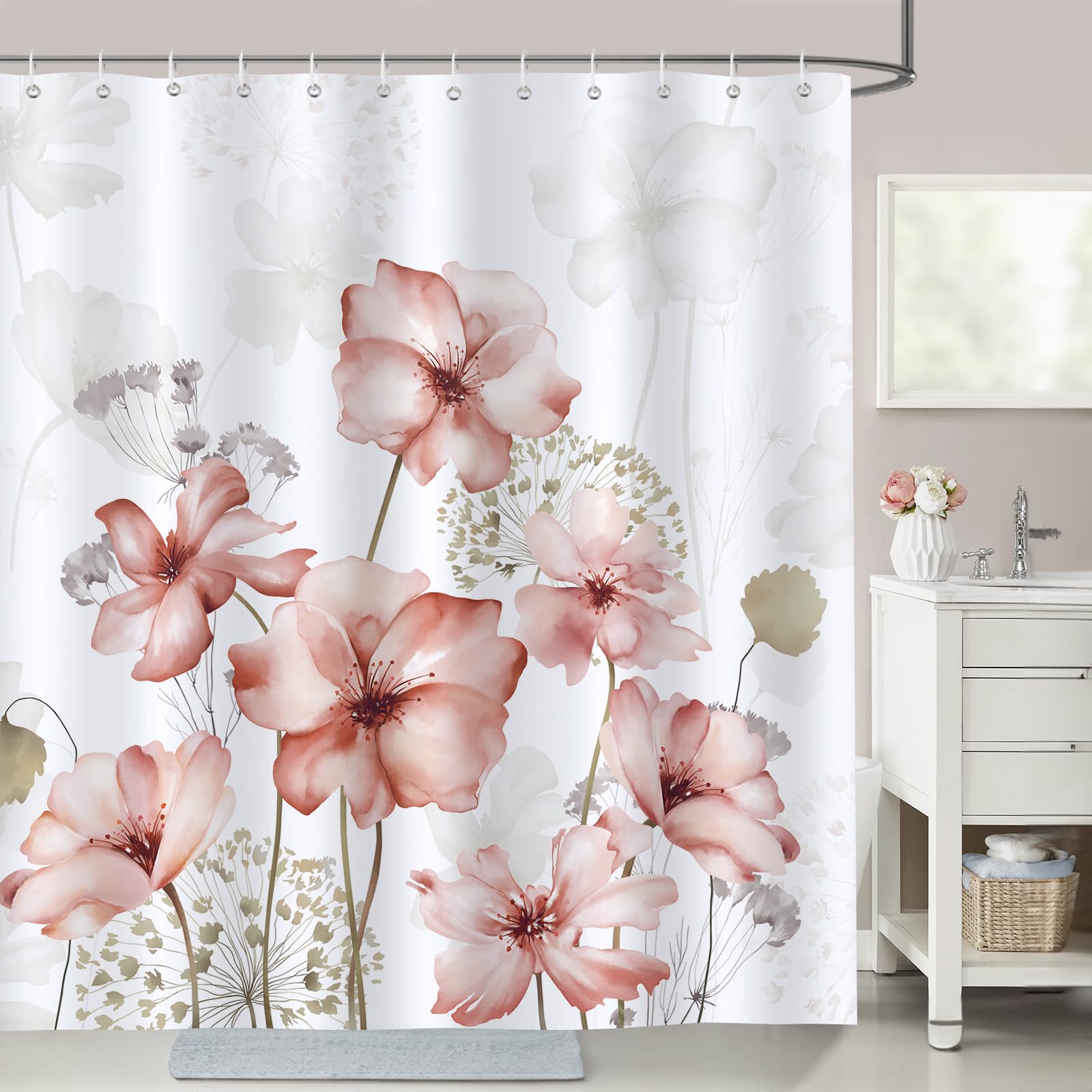 Bonhause Cortina de Ducha Acuarela Rosa Flores Cortina de Baño de Poliéster Impermeable Antimoho Lavable Cortina Ducha 180 x 180 cm con 12 Ganchos
