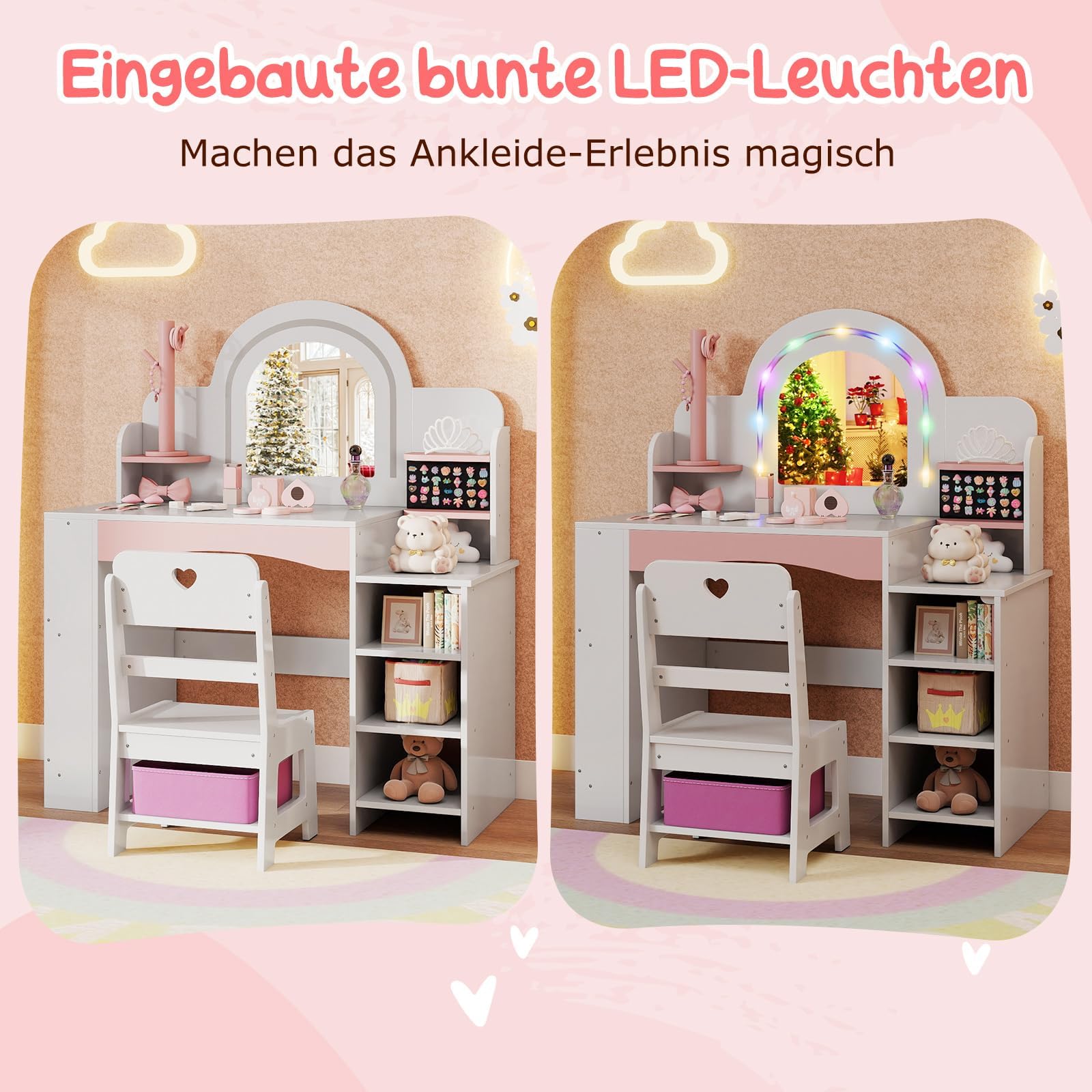 FANTASK 2 in 1 Schminktisch Kinder Set, Schreibtisch Holz mit Buntem Spiegel & Bücherregal, Prinzessin Frisiertisch mit Regalen, Schmuckhalter & Stoffbox, Kosmetiktisch für Mädchen ab 3 Jahren (Weiß)