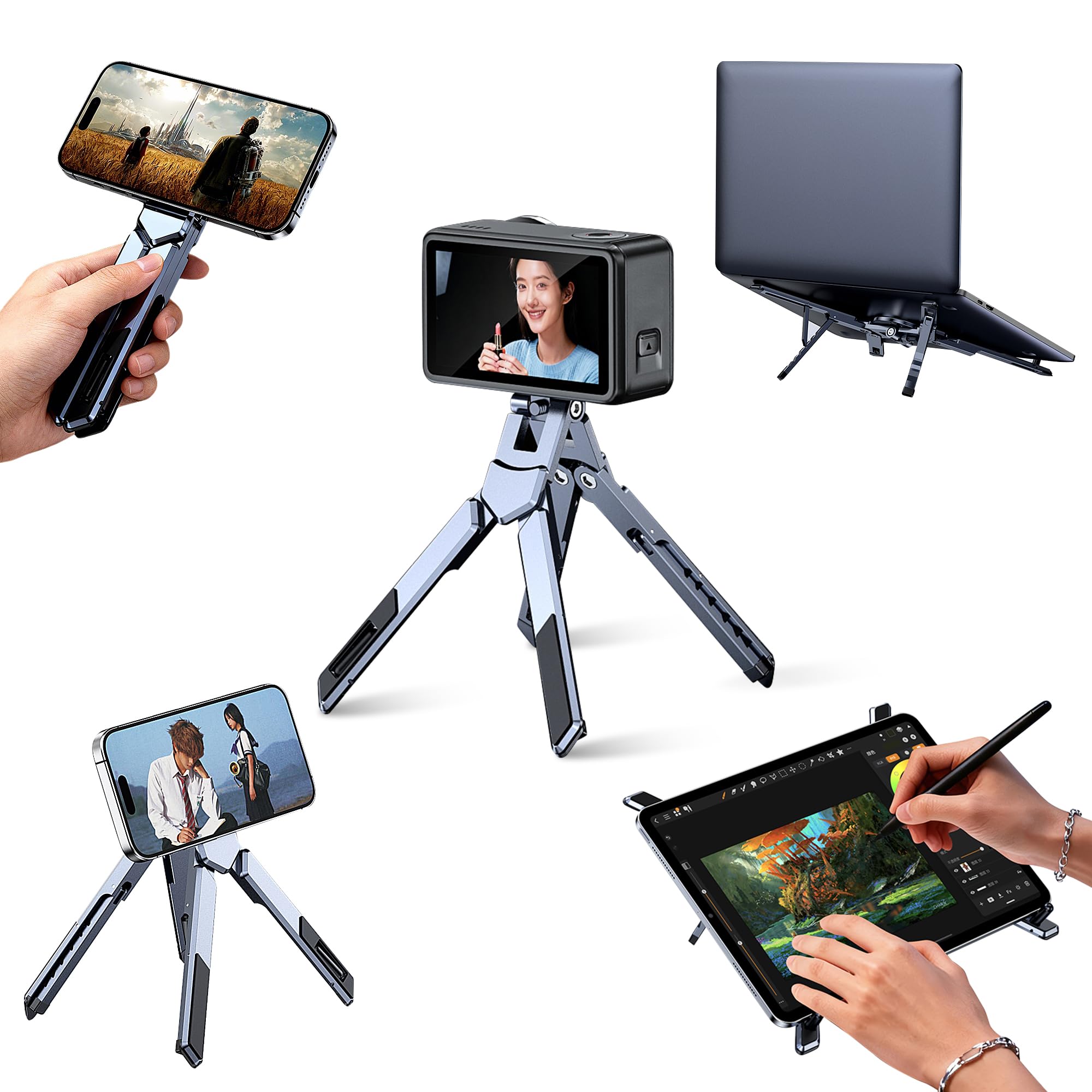 NANDADEVI Supporto magnetico portatile in alluminio di alta qualità, compatto e pieghevole, per scrivania laptop e tablet, regolabile in altezza e angolo, leggero (grigio)