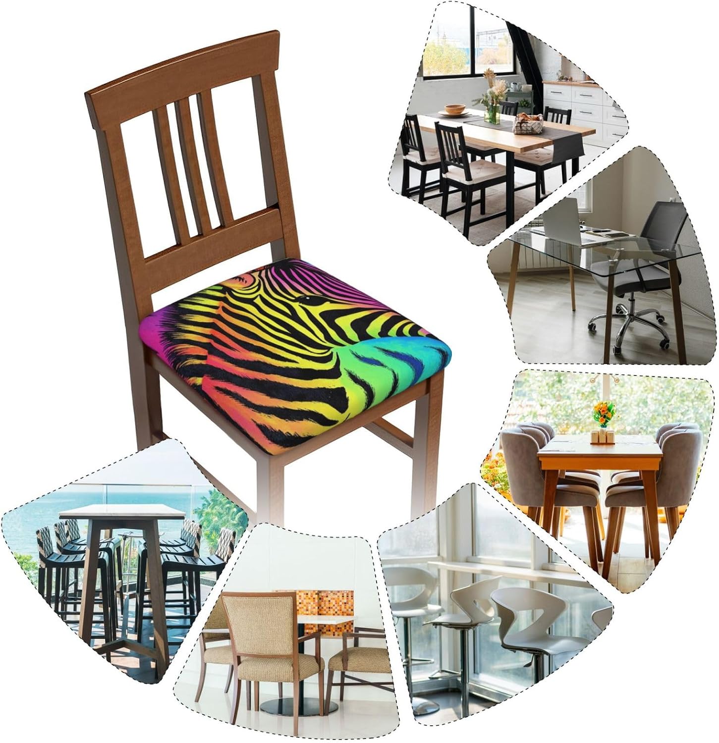 Colorful Rainbow Zebra Print Square Cushion Covers 6 Pcs Set Elastic Non-Slip Seat Cushion Slipcovers Pet Furniture Protectors for Chair, Sofa