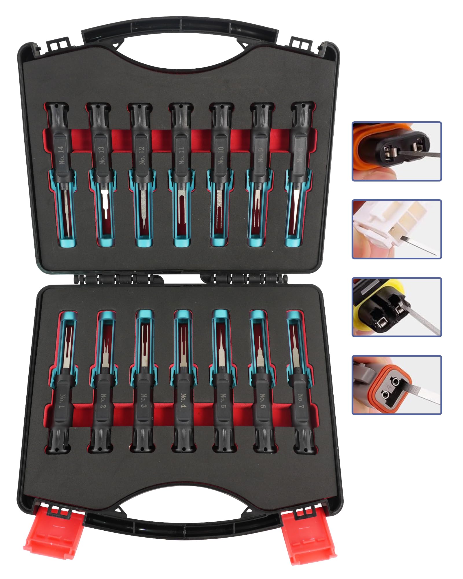 KUNGJUER 14PCS Terminal Removal Tool Kit for Automotiv, Universal Electrical Connector Extractor Tool Set with Non-Slip Handles for Replaces Universal Vehicle Wire Harness Pin Connector Release.