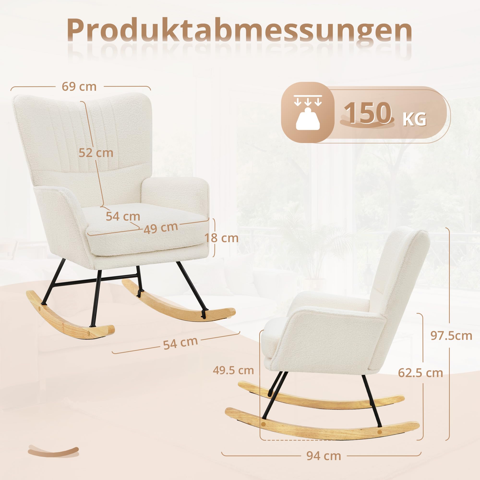 LUE BONA Schaukelstuhl aus Teddystoff mit extra dickem Sitzkissen, Polstersessel mit Armlehnen & Holzkufen, Bequemer Relaxstuhl für Wohnzimmer, Creme-beige