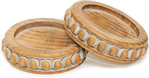 Vista 24 de Felt Creative Home Goods Juego de 2 elevadores redondos de madera rústica con cuentas – Soportes de pedestal de decoración apilables resistentes