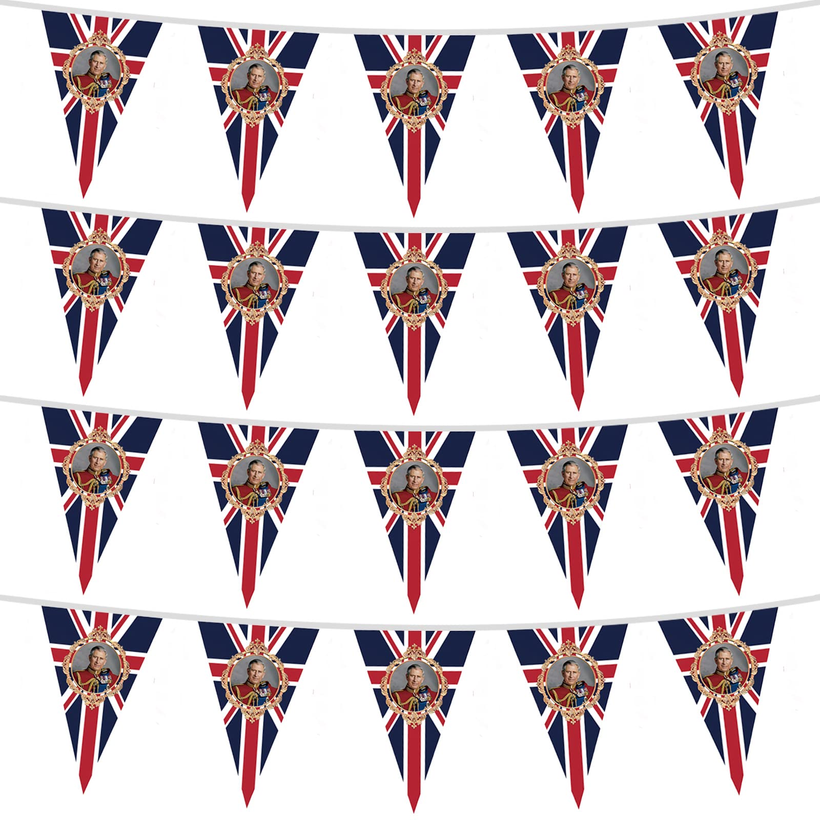10m/32.8ft King Charles III Coronation Souvenir Decorations Fabric Bunting Banner with 30 Triangle Flags,King Charles the Third Flags British Decorations for Street Party,Union Jack Party Supplies
