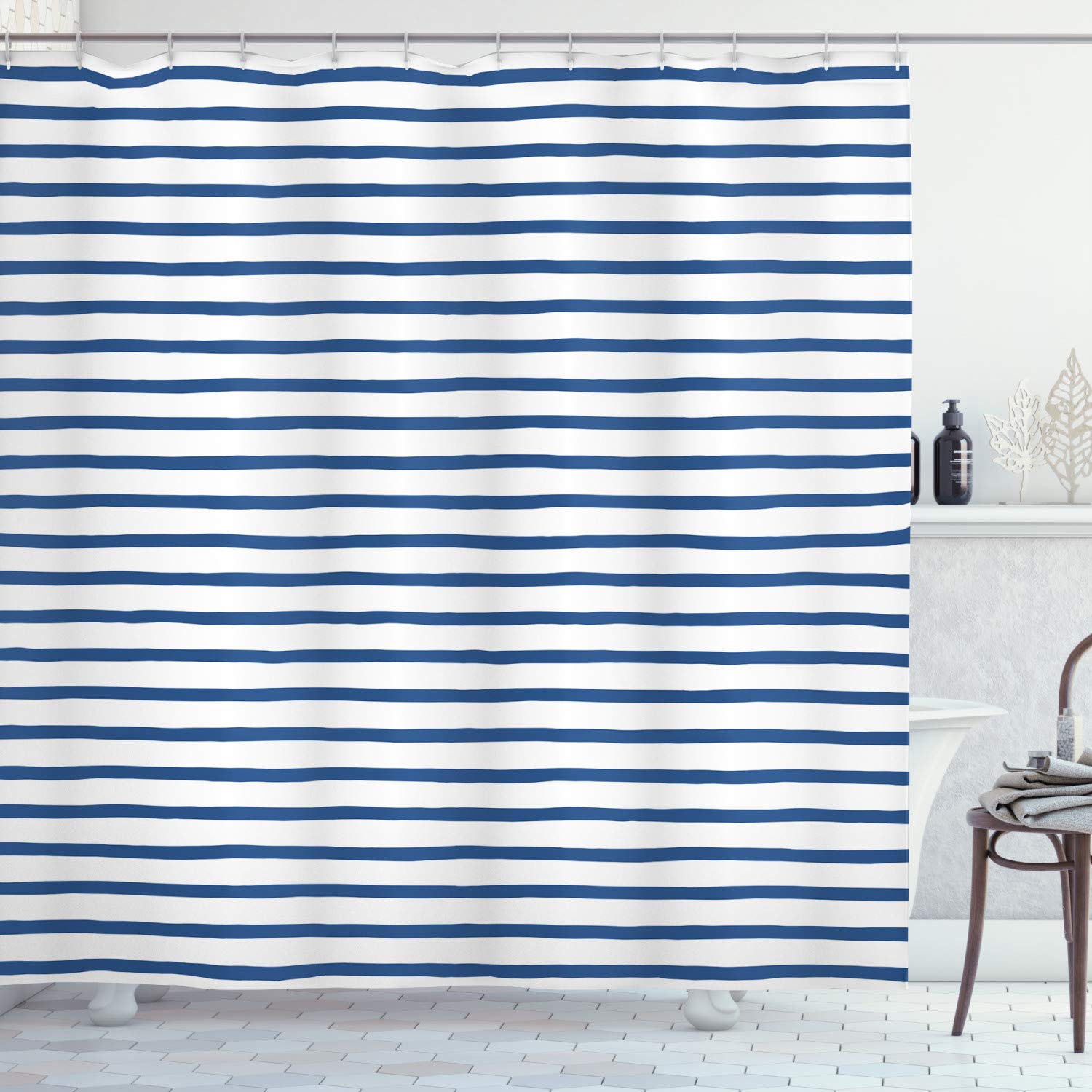 ABAKUHAUS Harbour Stripe Shower Curtain, Horizontal Nautical Stripes Pattern Hand Drawn Marine Sea Illustration