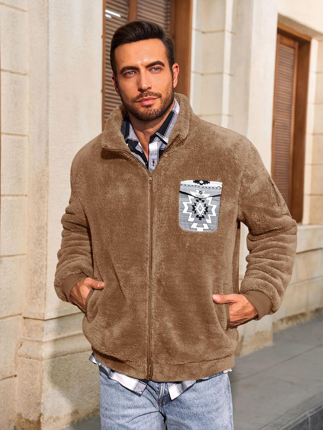 Yousify Mens Fuzzy Sherpa Jacket Full Zip Fleece Long Sleeve Jackets Thermal Coat Fall Winter Outwear - Image 3