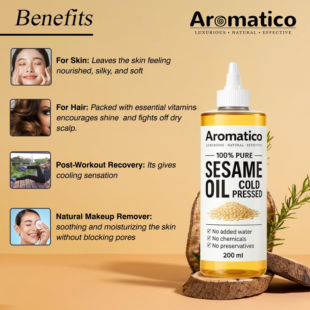 100% Pure Cold Pressed Sesame Oil for Skin, Hair & Massage – Lightweight, Non-Greasy Daily Care Oil, No Added Chemicals or Preservatives - 7 Fl Oz - Image 2