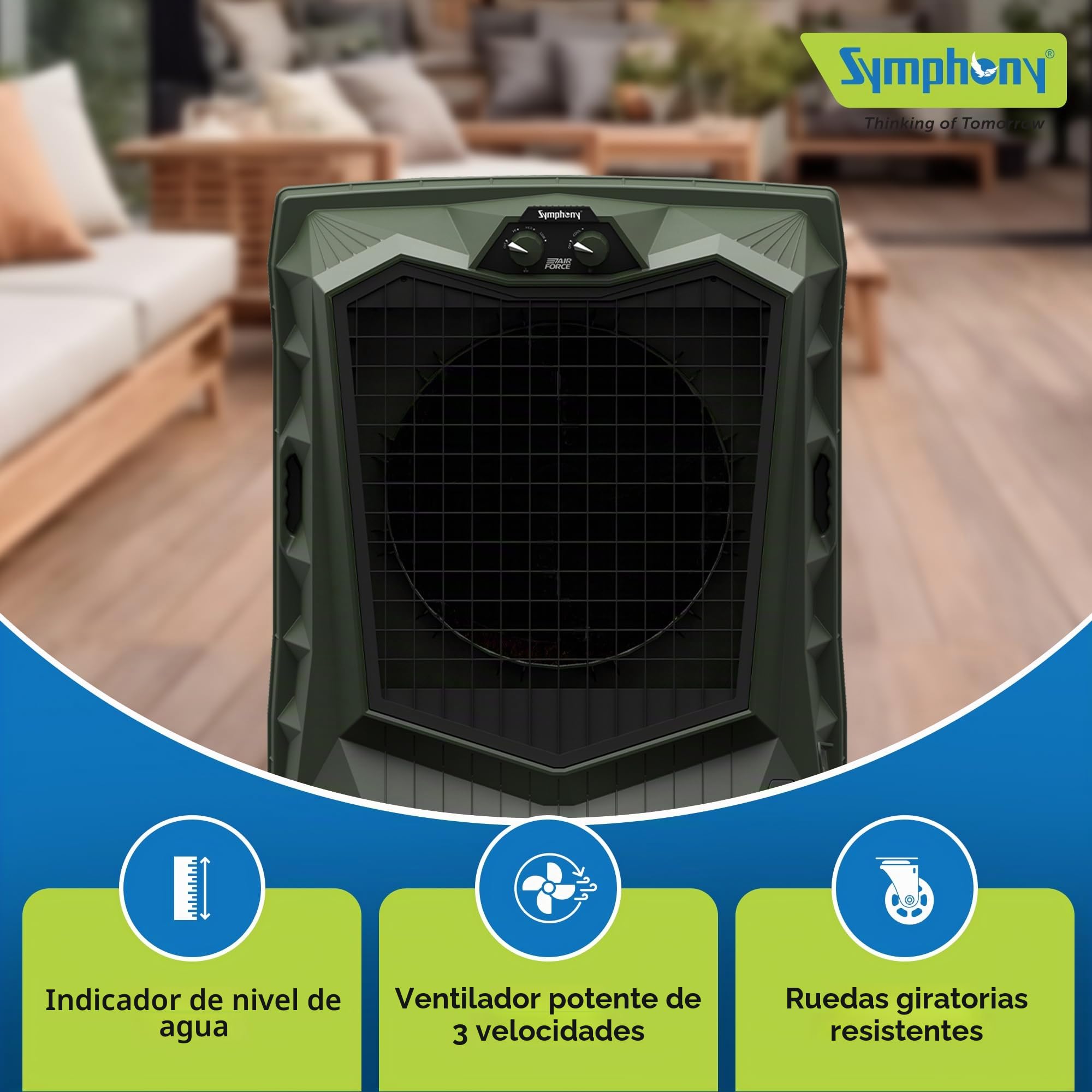 Symphony Air Force 100 Desert Air Cooler | 100L | 375W | Potente ventilador de chorro | Cuerpo resistente a la intemperie | Almohadilla de refrigeración grande de panal | Fácil llenado | Ruedas