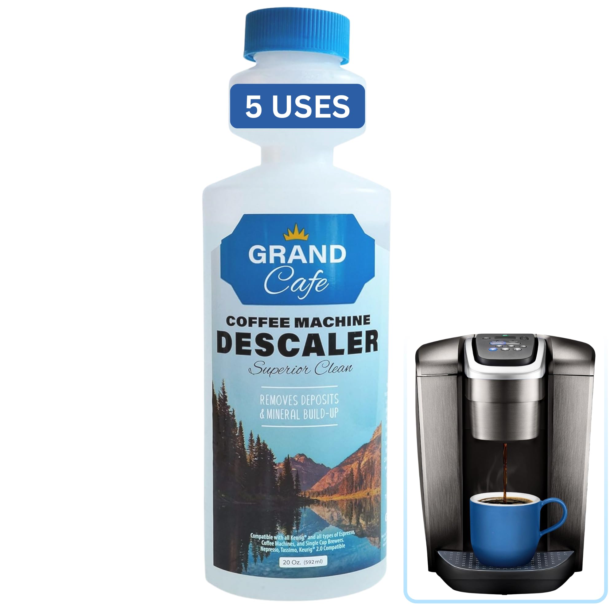 Grand Cafe Universal Descaling Solution - Coffee Maker Descaler and Cleaner for Keurig, Nespresso, DeLonghi & Single-Serve Espresso Machines - Perfect Measure Bottle (20 oz, 5 uses per bottle)
