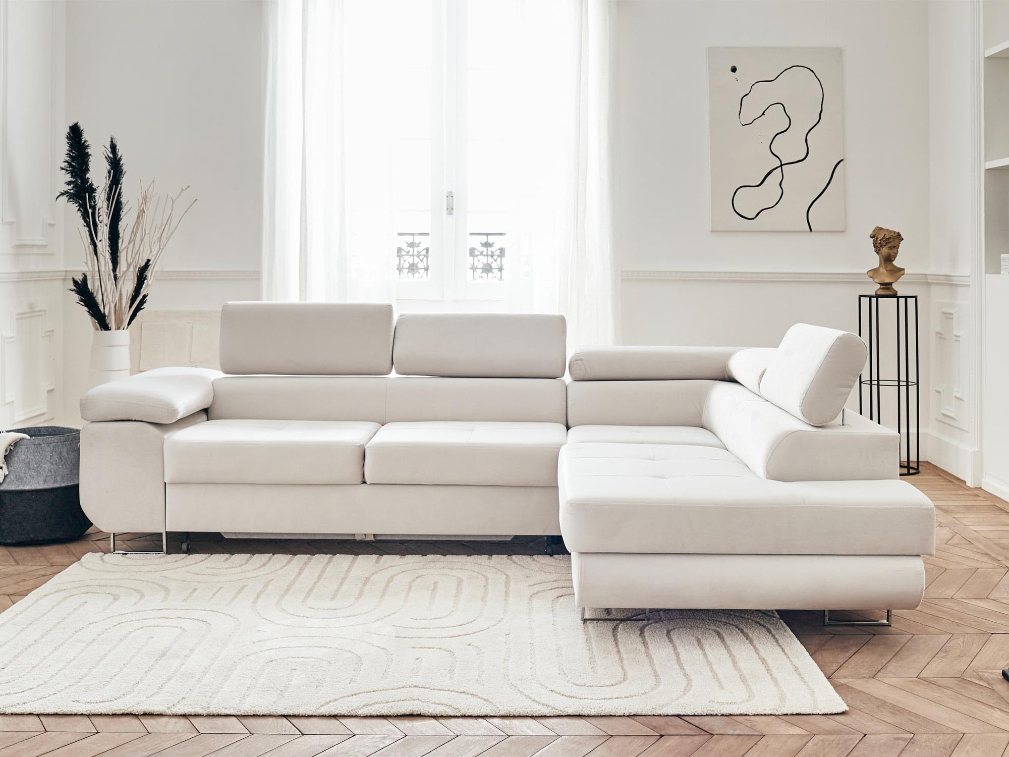 Bestmobilier Pablo - canapé d'angle Droit - 5 Places - Convertible avec Coffre et têtières réglables - en Velours