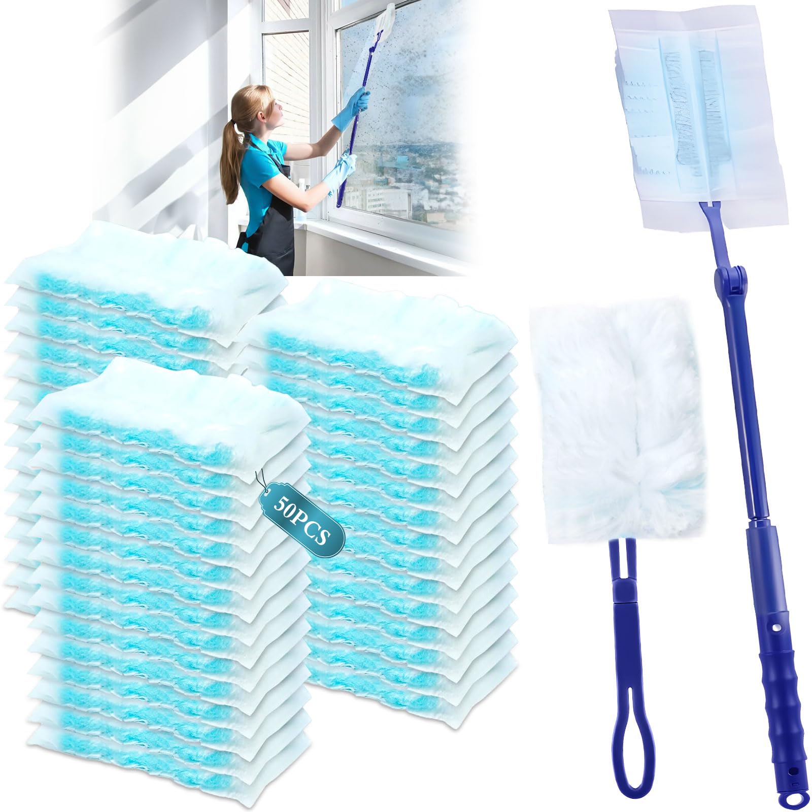 50 Piezas Plumero Duster Kit, Recambios para Plumero de Polvo, Plumeros Antiestático, con 1 Mango Largo Y 1 Mango Corto, Plumeros Atrapapolvo, para Pelo de Animales, Polvo, Suciedad