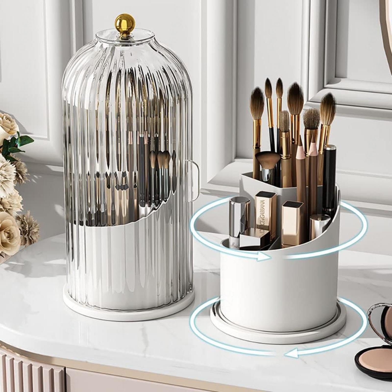 VIDECOR Porta Pennelli da Trucco Girevole a 360° con Coperchio Organizzatore Girevole per Rossetto Eyeliner Ombretto Portamatite per Sopracciglia Scatola Portaoggetti,B