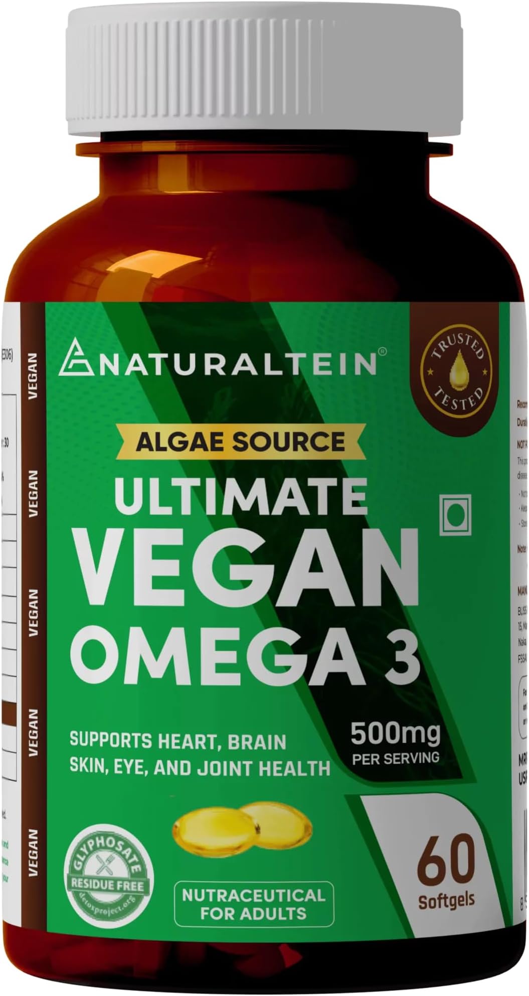 Naturaltein Ultimate Vegan Omega 3 (60 Softgels) | Algae Source DHA | 1000 mg Algae Oil & 500 mg DHA Per Serving | Plant-Based Omega 3 | Heavy Metal Tested
