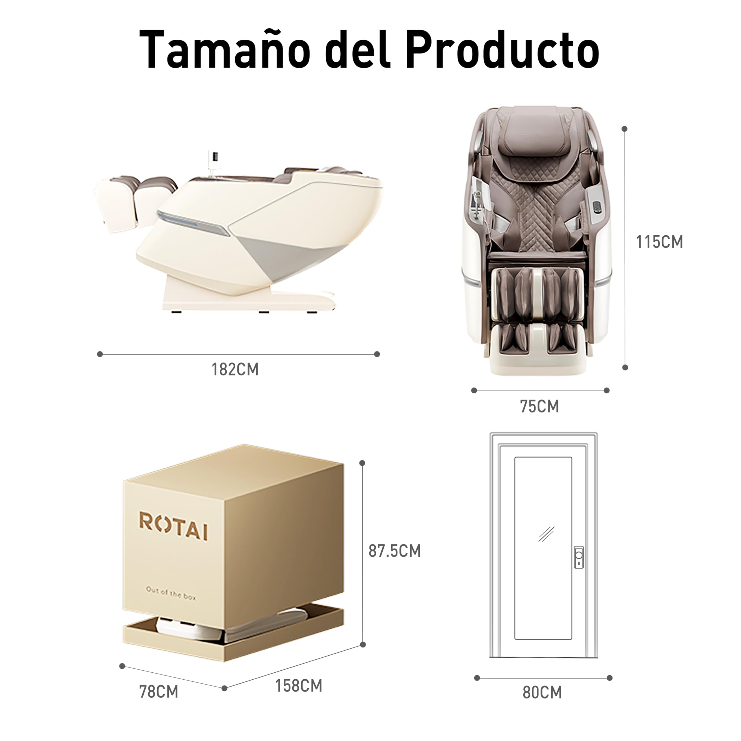 ROTAI Silla de Masajes Inteligente, Gravedad Cero, Masaje Completo con Shiatsu, Bluetooth, Función de Calefacción y Rodillos para Pies (Gris)