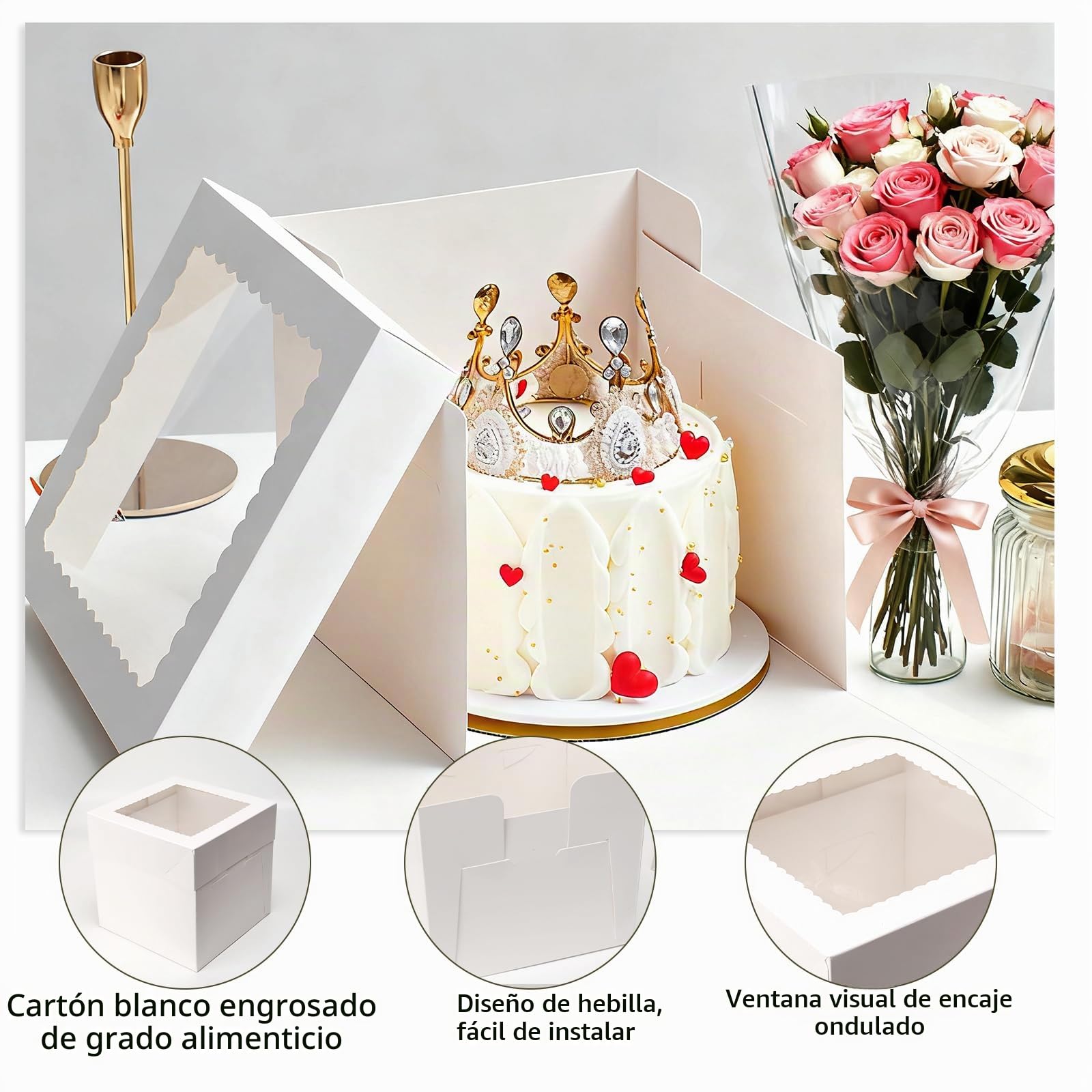 10Piezas Cajas para Tartas de Carton 20x20x20cm Cajas con Ventana | Caja Blanca Tarta Recipiente para Tartas,10Bandeja para tartas,10Acetato Transparente,10Tarjeta Felicitacion,1Cinta de Raso