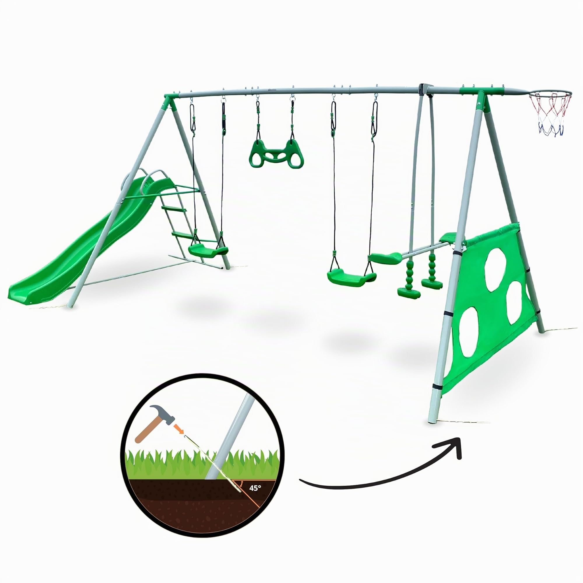 HyperMotion Swing HYP9 Parco giochi XXXL - Altalene Doppia e Singola, Scivolo, Trapezio, Cestino Basket, Scot Calcio - per 6 Bambini 3+ anni, 300 kg Max - Verde