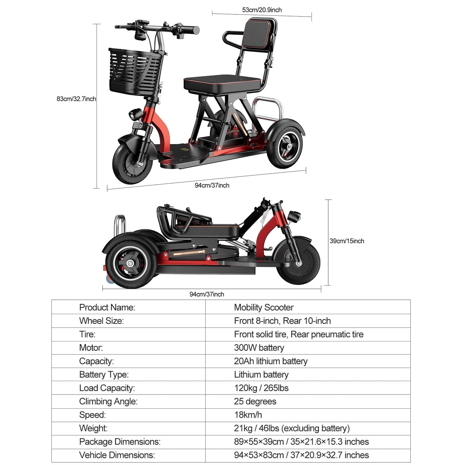 Scooter de Movilidad para Personas Capacidad 150kg,Motor 300W Delantero Scooter minusvalidos,Diseño Superligero para Personas Mayores,Fácil Transporte Autonomía de hasta 55 kilómetros
