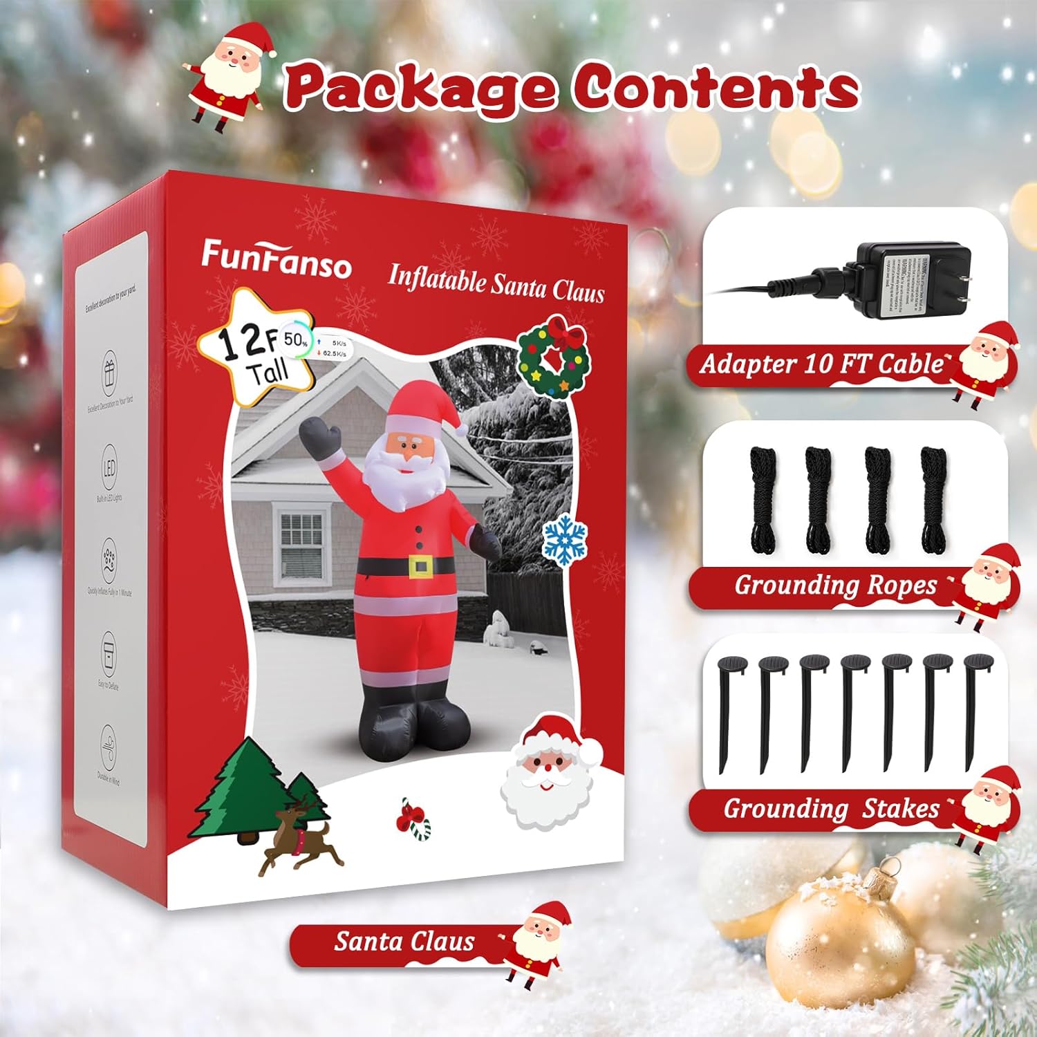 FunFanso 12 FT Giant Christmas Inflatable Santa Claus Outdoor Decoration, Cute Santa Tilting His Head and Waving Hand, Outside Waterproof Xmas Decor for Lawn Yard Patio Garden Holiday Party Porch Home