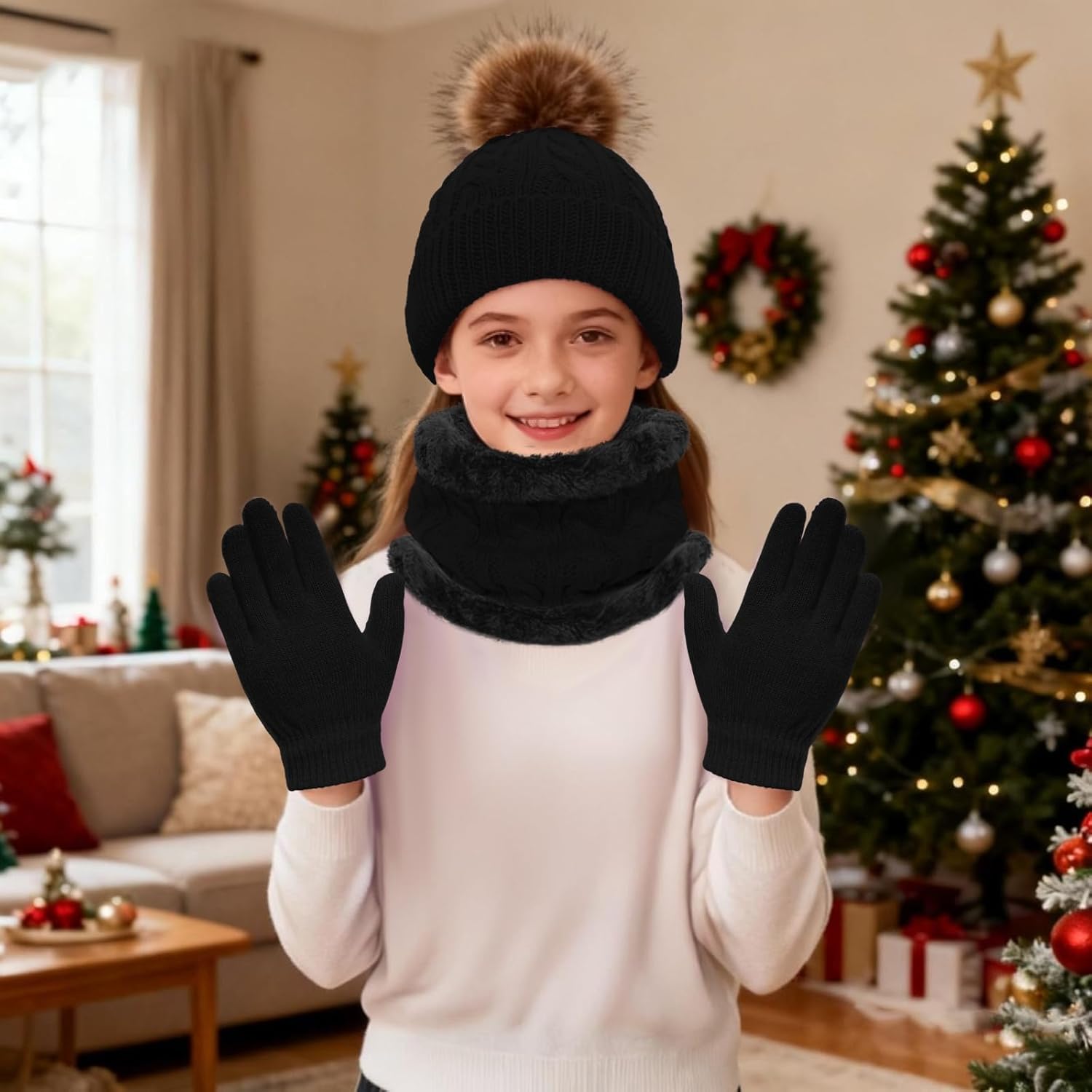 Heliltd 3pcs Kids Winter Hat Scarf Gloves Set Warm Knit Beanies with Pom Pom Soft Neck Warmer Mittens for Boys Girls Age 3–10 - Image 5