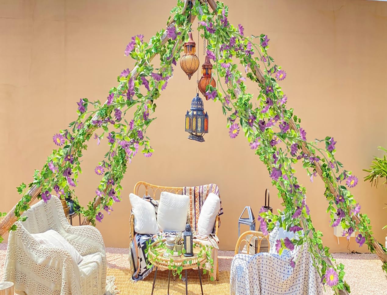 Generic LILOCOO Artificial Daisy Flowers Vine Silk Flower Garland Fake Hanging Vines Flowers Spring Flower Vine Green Leaves Wall Party Wedding Arch Floral Indoor Outdoo Deco, Purple, MZCX-24-09