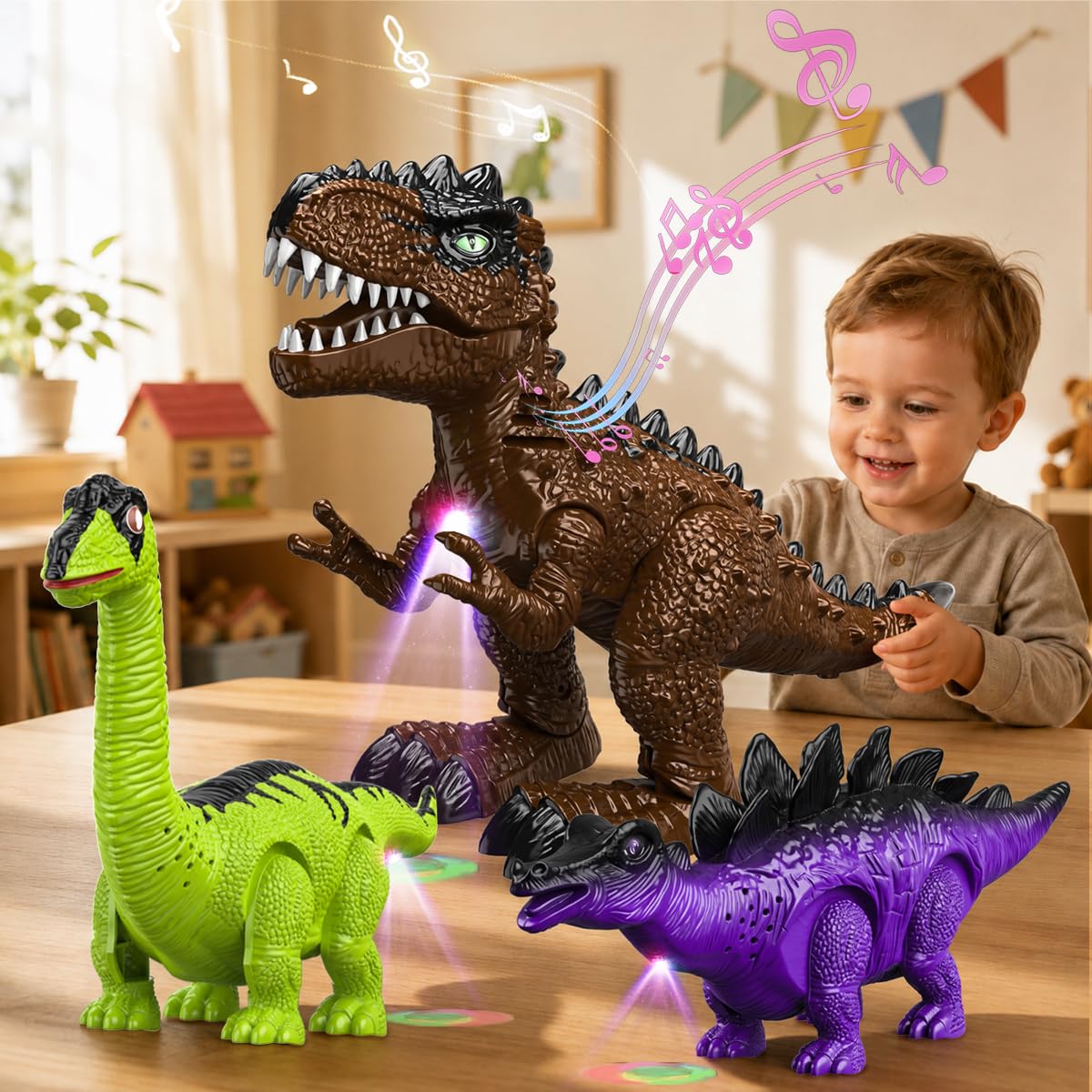 3 Pezzi Giocattoli Dinosauri per Bambini 3-7 Anni, Robot Elettrico Camminante con Suoni e Luci LED, Set T-Rex Brachiosauro Stegosauro, Regalo di Compleanno Bambino Bambina