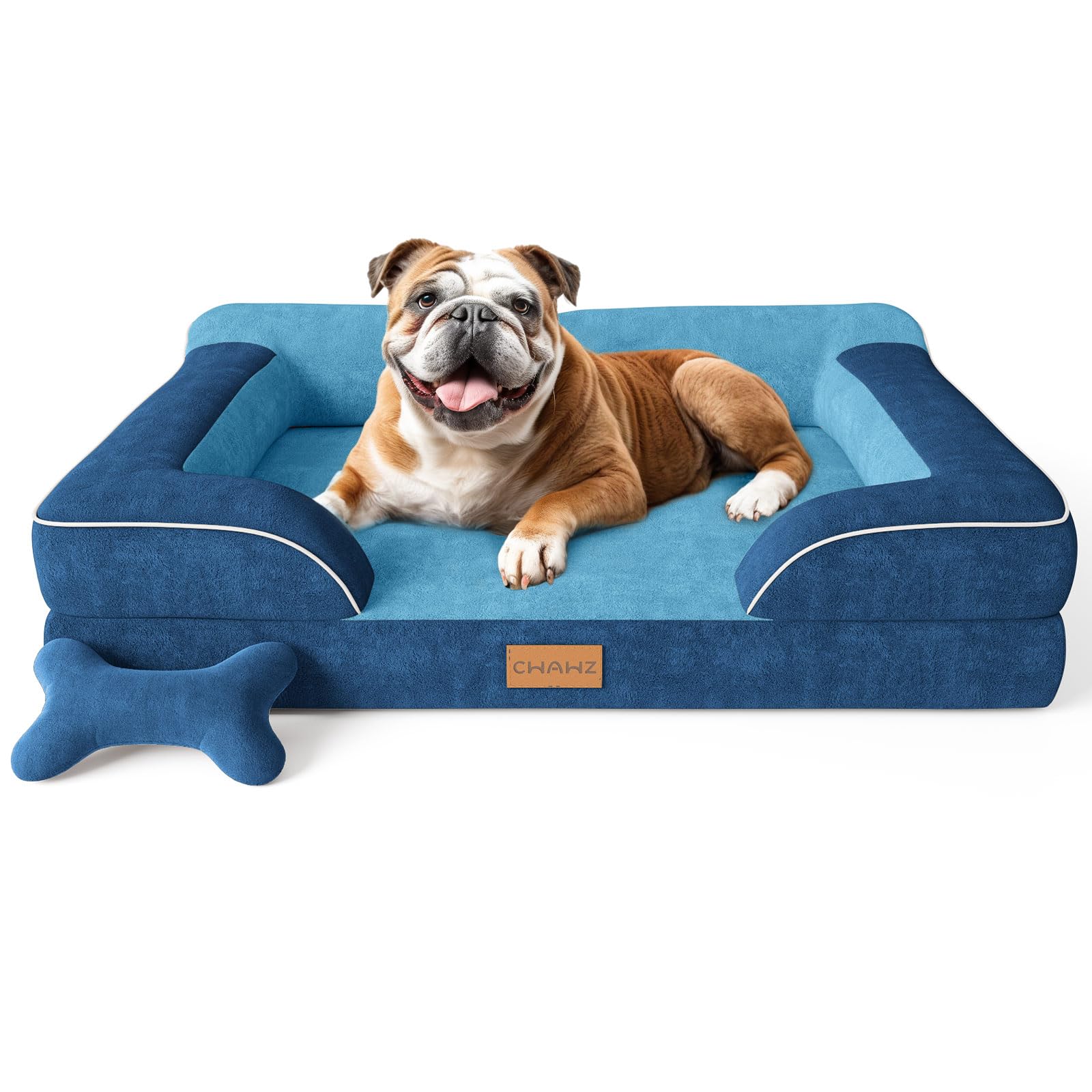 CWAWZ Dog Beds for Large Dogs, Orthopedic Dog Bed with Cooling Gel Memory Foam, Waterproof Large Pet Bed with Removable Washable Cover, 91x69x22cm Pet Sofa Dutch Velvet with Bone Toy, Navy Blue