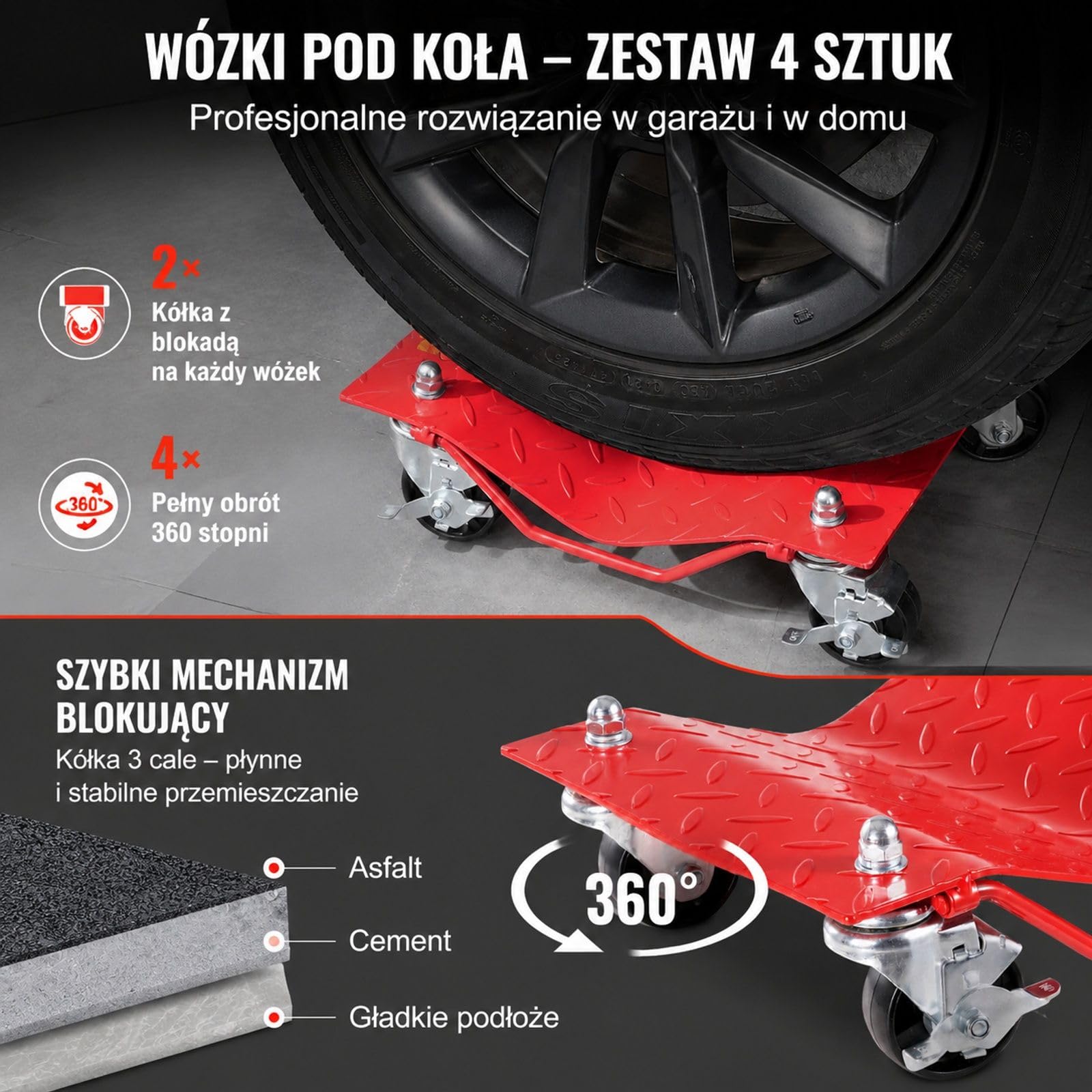 Zestaw wózków pod koła, 4 sztuki, 3600 kg, podpory opon do przemieszczania samochodu
