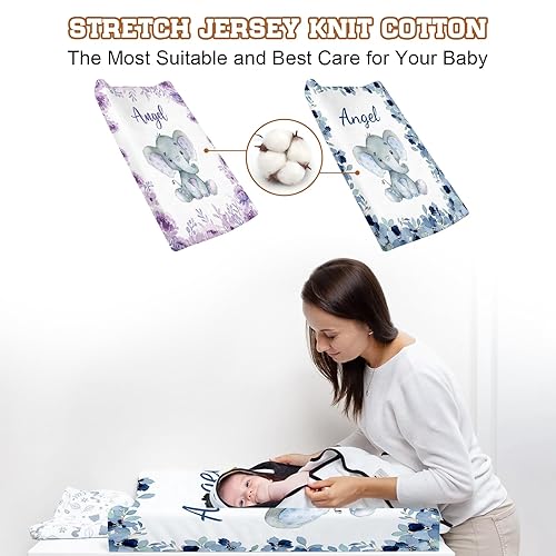 Miniatura 2 de Funda personalizada para cambiador de bebé con nombre  2 piezas precioso Elephnat azul bebé orina cubierta para cambiador de pañales, regalos