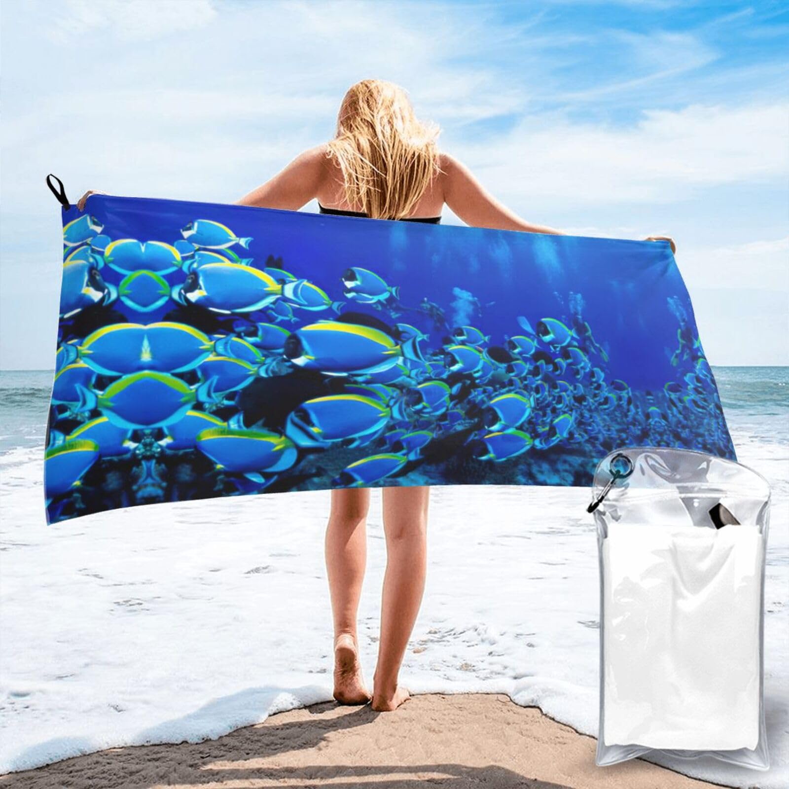 SDEGTHO Blue Fishes Ocean Print Beach Towel Quick Dry Portable For Swimming Yoga Adults Fitness