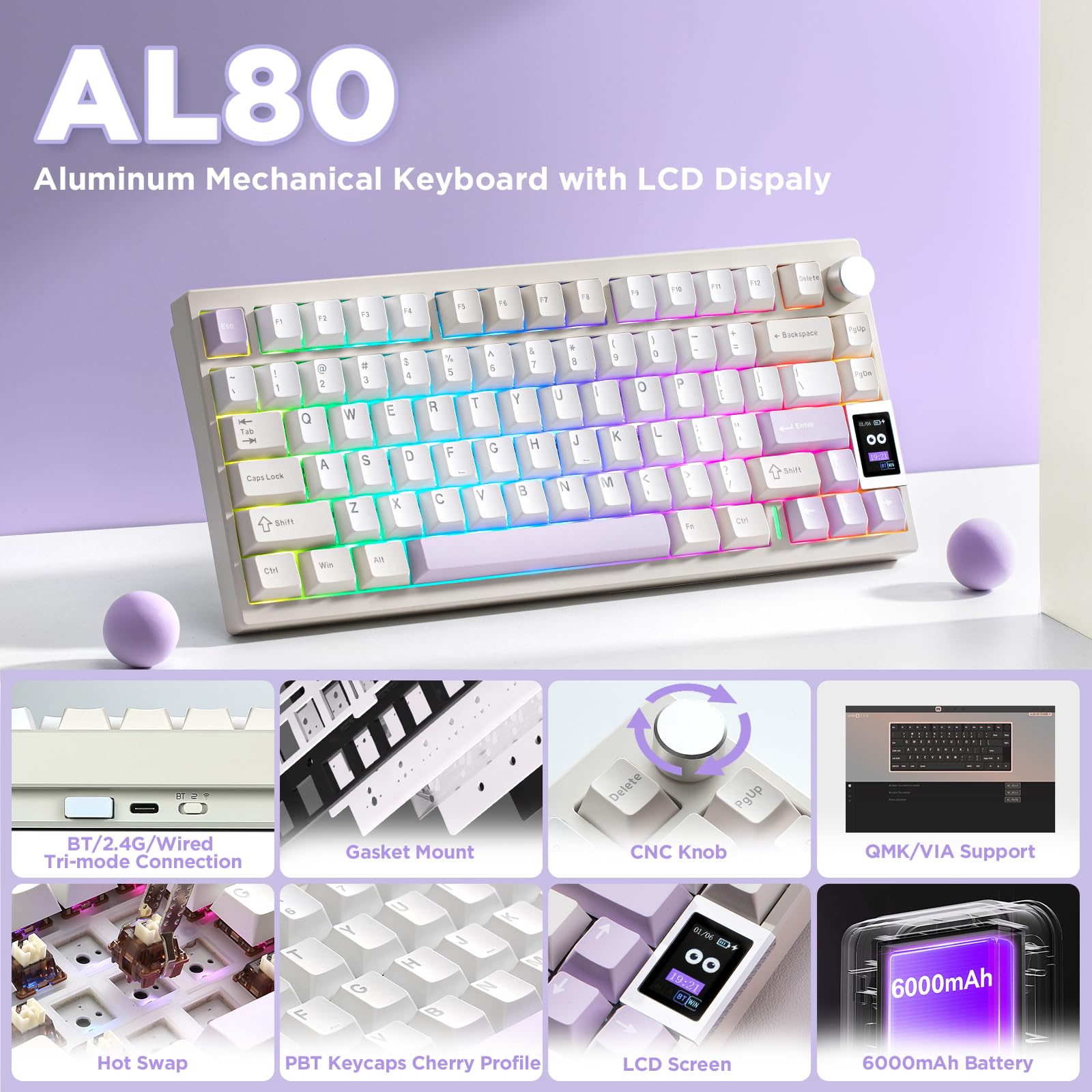 YUNZII AL80 Teclado mecânico sem fio, Full alumínio CNC, smart LCD