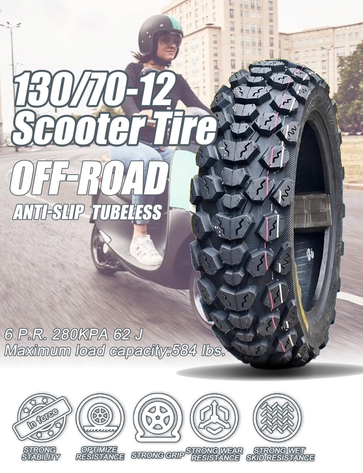 Neumático sin tubo para scooter/ciclomotor 130/70-12, llanta de 12 pulgadas, neumático resistente al desgaste, uso todo terreno, 6 P.R., 280 kPa, carga máxima 250 kg, 62 J