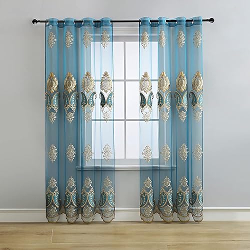 Miniatura 9 de ELKCA Cortinas traslúcidas bordadas de lujo para sala de estar, cortinas de tul azul pavo real para dormitorio, cortina de hilo transparente, ojales