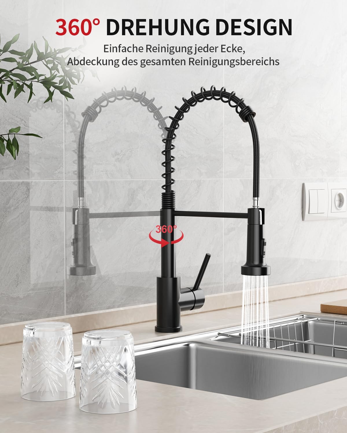 Rainsworth Wasserhahn Küche Schwarz Edelstahl - Zwei Wasserstrahlarten Hochdruck Herausziehbare Küchenarmatur mit Brause Ausziehbar, Spültischarmatur 360° Drehung Geeignet für Küchen