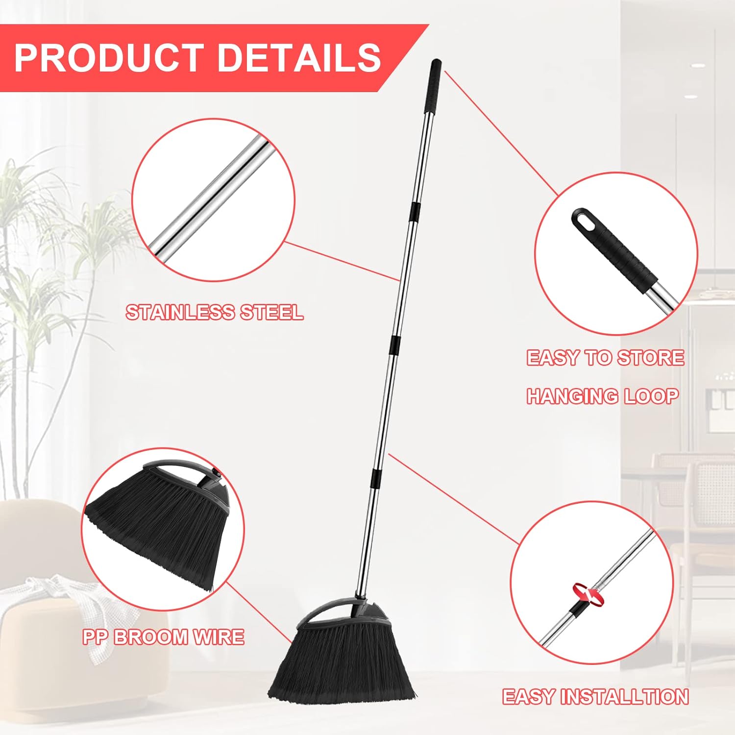 8 Pcs Heavy Duty Commercial Broom Bulk 52 Inch Indoor Outdoor Broom with Long Handle Heavy Duty Angle Broom with Four-Section Telescopic Rod for Garden Garage House Kitchen Office Floor